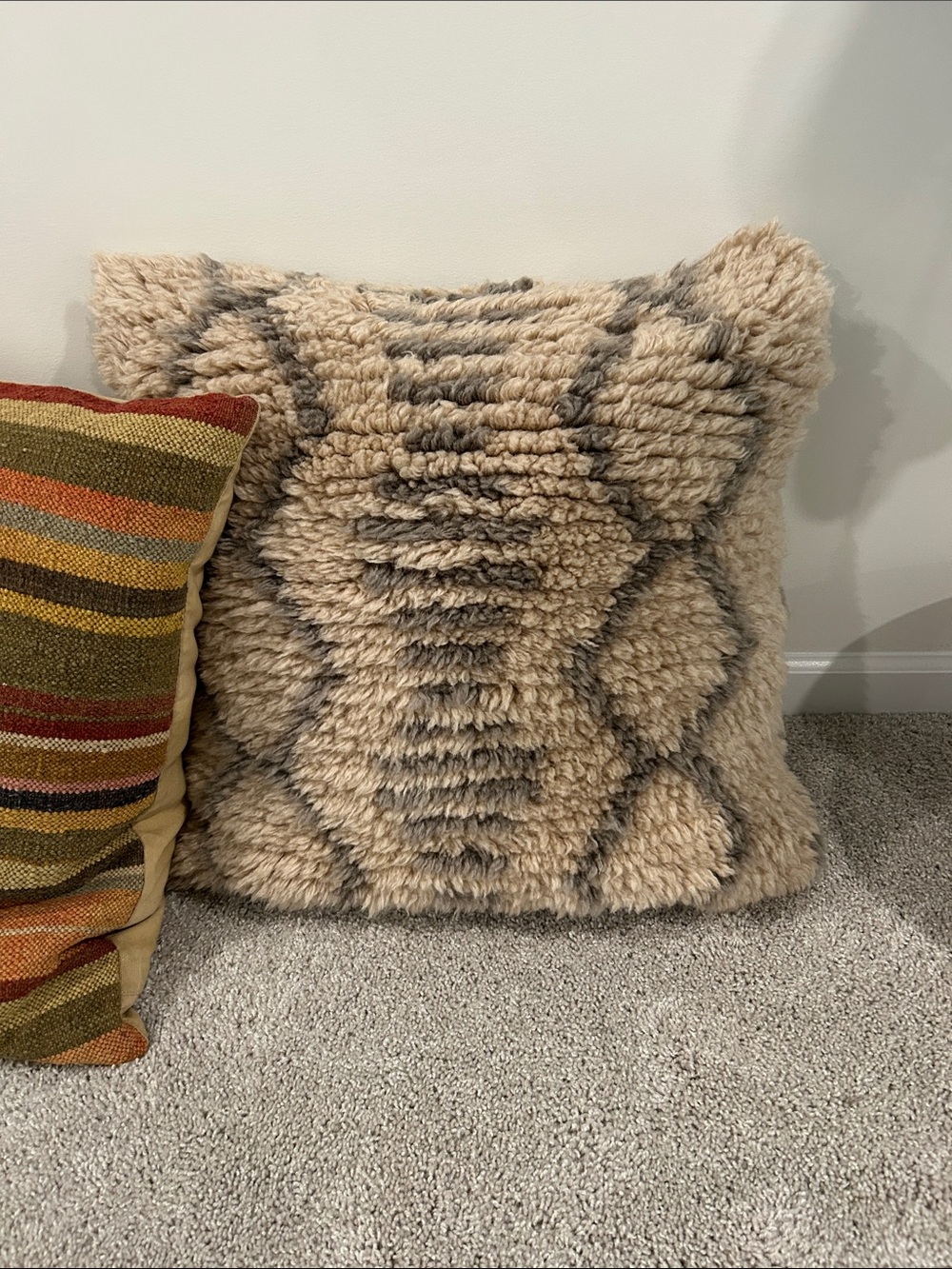 Pottery barn Plush Geometric Shag Throw Pillow - Beige and green Gray